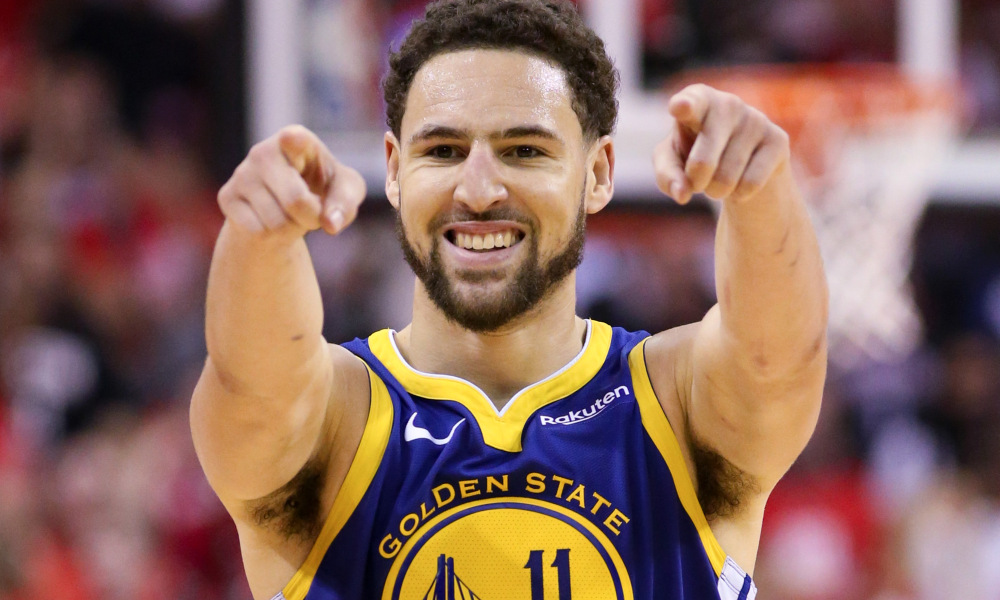May 10, 2019; Houston, TX, USA; Golden State Warriors guard Klay Thompson (11) reacts to making a three point basket against the Houston Rockets in game six of the second round of the 2019 NBA Playoffs at Toyota Center. Mandatory Credit: Thomas B. Shea-USA TODAY Sports