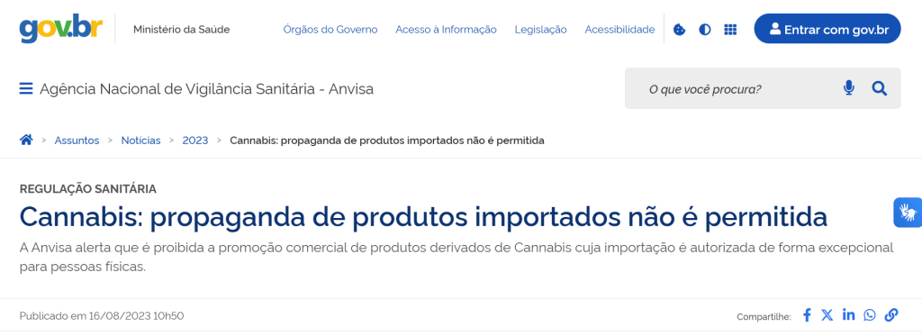 Recorte da página da Anvisa no gov.br, informando que publicidade de cannabis não é permitida. Foto - Reprodução