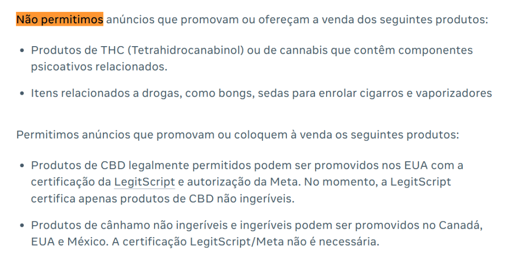 Página de política de privacidade da Meta sobre publicidade de cannabis