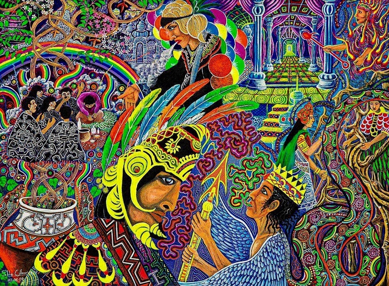 Obra Pachamanchari, de Pablo Amaringo, exposta no 1º Salão de Arte Híbrida, em 2025 | Divulgação