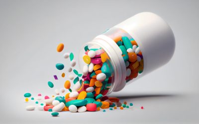 Medicine bottle spilling colorful pills depicting addiction risks ,generative artificial intelligence