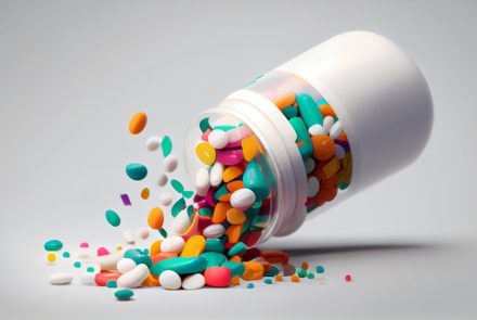 Medicine bottle spilling colorful pills depicting addiction risks ,generative artificial intelligence